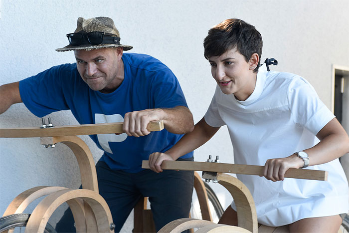 we are riding on wooden bikes